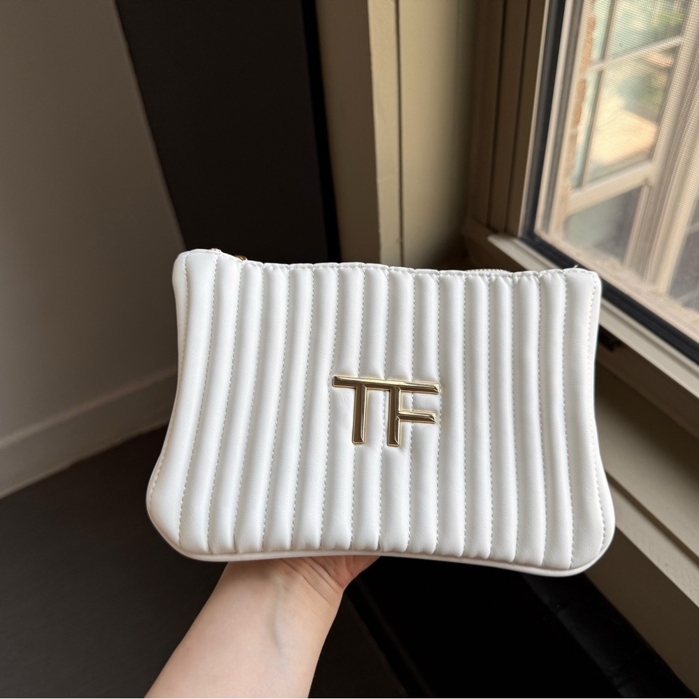 Tom Ford Beauty White Faux Leather Cosmteic Pouch Case With Wristlet